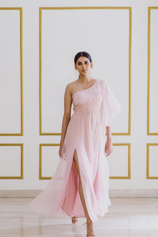 One-shoulder Pink Gown with Flared Sleeve - Kavvach 