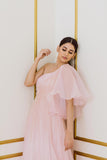 One-shoulder Pink Gown with Flared Sleeve - Kavvach 