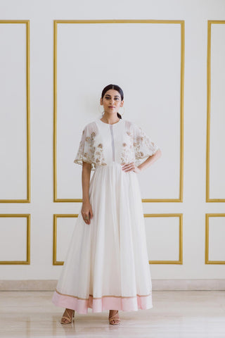 Embroidered White Gown with Butterly Sleeves - Kavvach 