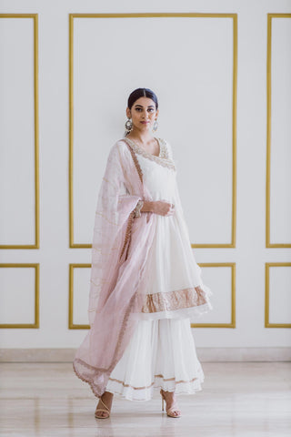 White Anarkali with Sharara - Kavvach 