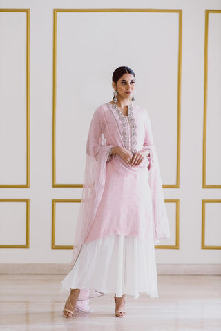 Embroidered Pink Kurta Set with White Palazzo - Kavvach 