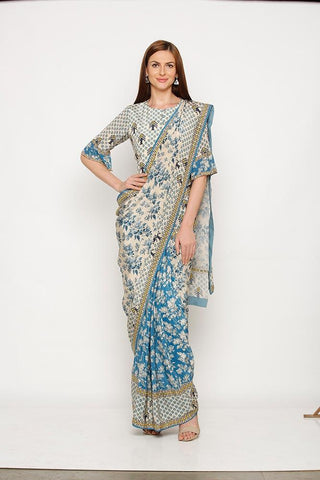 Ruffle Bottom Printed Saree - Kavvach 