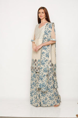 White and Blue Printed Kurta Set - Kavvach 