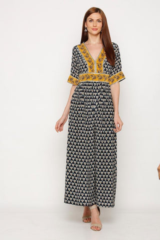 Printed Jumpsuit with Embroidered Neckline - Kavvach 
