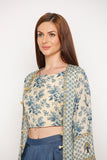 Crop Top with Printed Jacket and Drape Skirt - Kavvach 