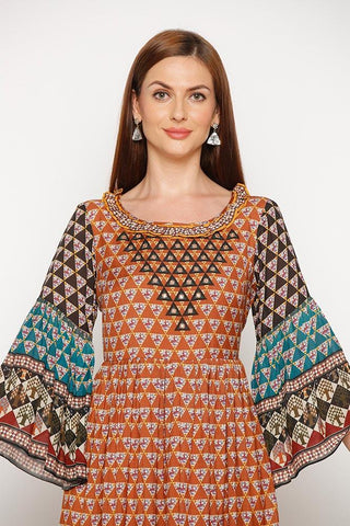 Brown Printed Dress - Kavvach 