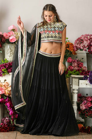 Black Layered Lehenga with Raw Silk Blouse & Dupatta