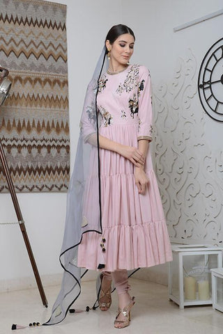Baby Pink Embroidered Anarkali Set - Kavvach 