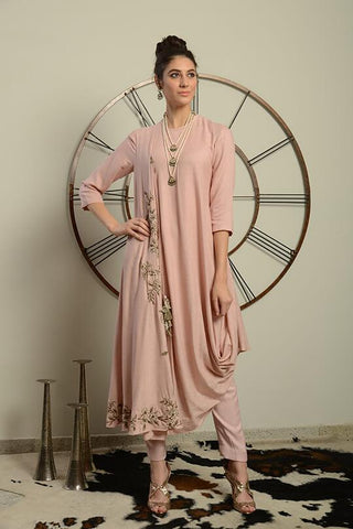 Baby Pink Embroidered Kurta With Pants - Kavvach 