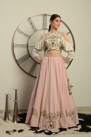 Ivory Embroidered Blouse With Lehenga - Kavvach 
