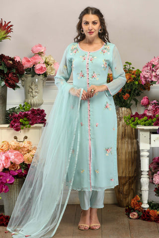 Coral Blue Long Kurta with Dupatta and Straight Pants