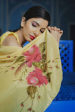 Yellow Silk Crepe Hand-painted Saree - Kavvach 