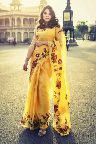 Yellow Hand-painted Saree - Kavvach 