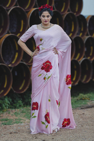 Pink Hand-painted Saree - Kavvach 
