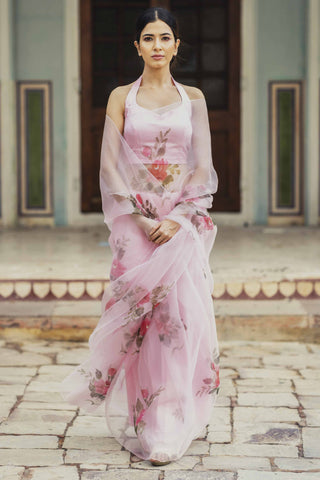 Crystal Pink Hand-painted Saree - Kavvach 