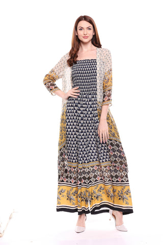 Printed Smocking Jumpsuit with Organza Jacket - Kavvach 