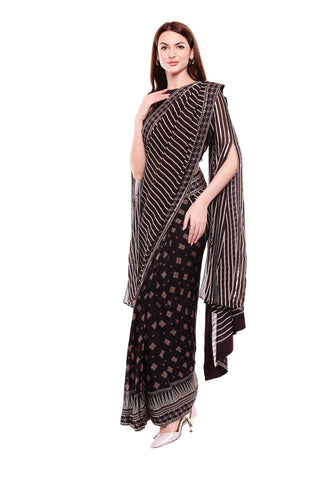 Brown Printed Saree with Embroidered Blouse - Kavvach 