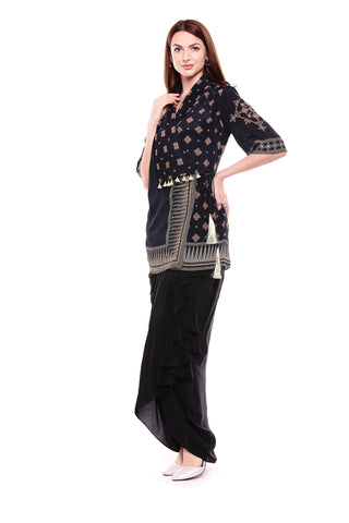 Overlap Printed Jacket with Dhoti Skirt - Kavvach 