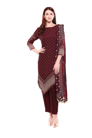 Maroon Printed Asymmetrical Kurta Set - Kavvach 