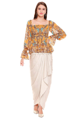 Mustard Yellow Printed Top With Dhoti Skirt - Kavvach 