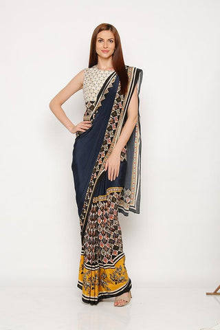 Yellow and Black Printed Saree - Kavvach 