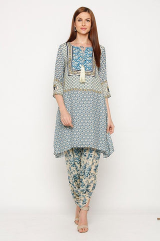 Blue Printed Kurta Set with Dhoti Pants - Kavvach 