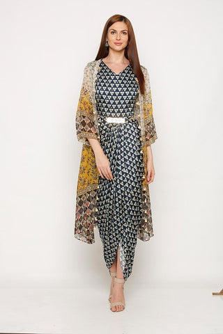 Overall Printed Dress with Organza Jacket - Kavvach 