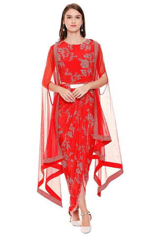 Red Printed Drape Dress with Cape - Kavvach 