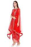 Red Printed Drape Dress with Cape - Kavvach 