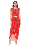 Red Printed Drape Dress with Cape - Kavvach 