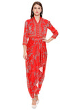 Red Dress with Printed Dhoti Skirt - Kavvach 