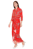 Red Dress with Printed Dhoti Skirt - Kavvach 