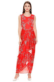 Red Dress with Printed Dhoti Skirt - Kavvach 