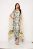 Printed Drape Dress with Embroidered Cape - Kavvach 