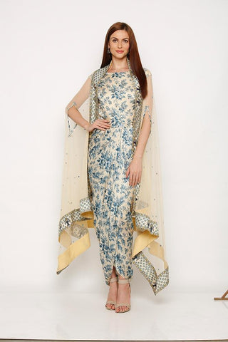 Printed Drape Dress with Embroidered Cape - Kavvach 