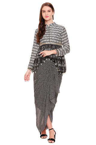 Black Dhoti Drape Skirt with High Low Top - Kavvach 
