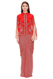 Red Printed Saree Draped Skirt with Zipper Jacket - Kavvach 