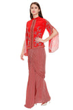 Red Printed Saree Draped Skirt with Zipper Jacket - Kavvach 
