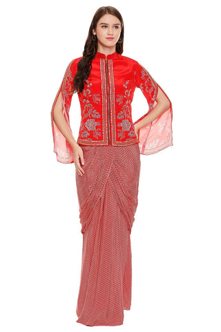 Red Printed Saree Draped Skirt with Zipper Jacket - Kavvach 