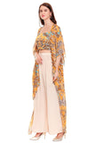 Mustard Yellow Printed Crop Top With Cape & Pants - Kavvach 