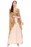Mustard Yellow Printed Crop Top With Cape & Pants - Kavvach 