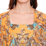 Mustard Yellow Printed Crop Top With Cape & Pants - Kavvach 