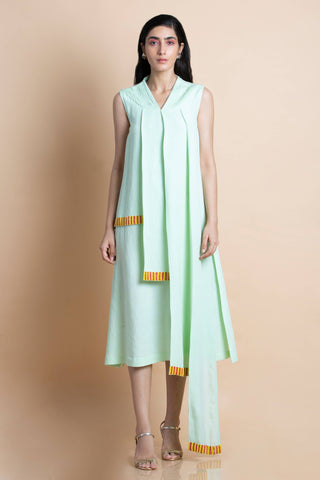 Mint Asymmetric Pleated Dress In Linen - Kavvach 