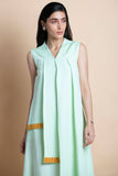 Mint Asymmetric Pleated Dress In Linen - Kavvach 