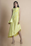 Yellow Asymmetric Dress In Chanderi Cotton Silk - Kavvach 