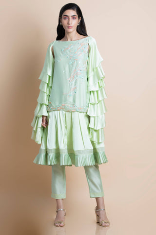 Mint Frilled Pleated Sleeve Kurta Set - Kavvach 