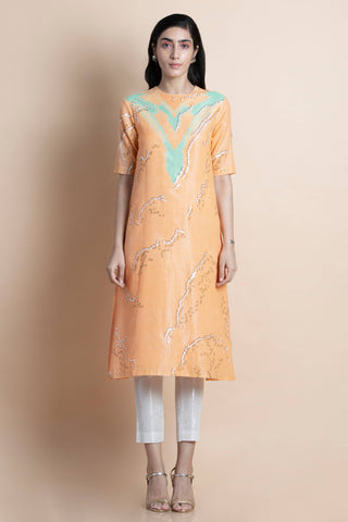 Peach Printed & Embroidered Kurta - Kavvach 