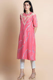 Rose Pink Printed & Embroidered Kurta - Kavvach 