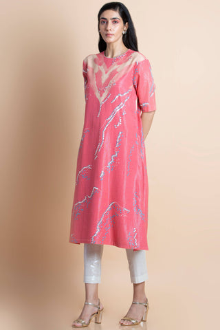 Rose Pink Printed & Embroidered Kurta - Kavvach 
