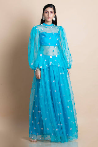 Azure Blue Organza Lehenga Set - Kavvach 